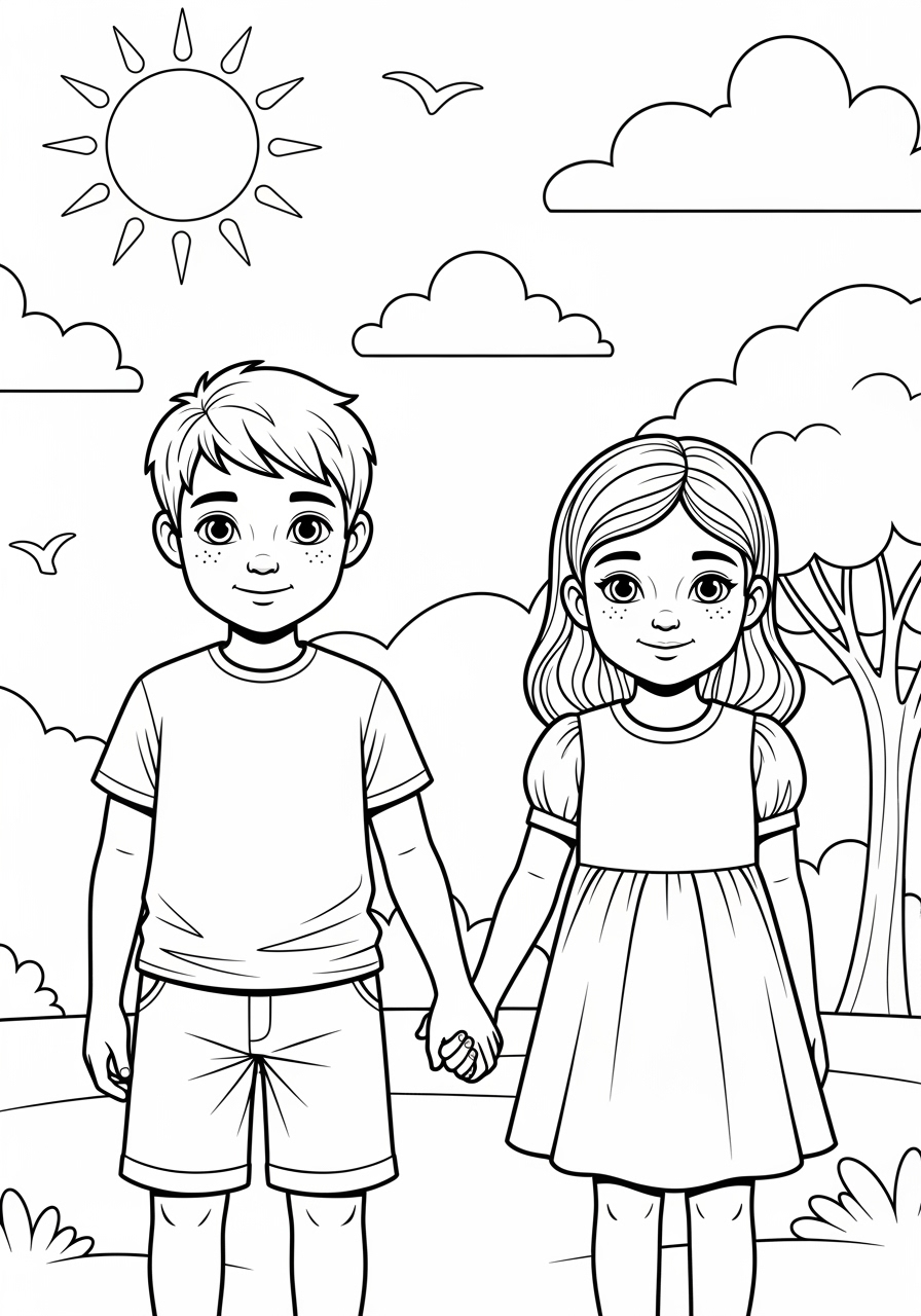 Desenho de Menino e Menina de mãos dadas para colorir