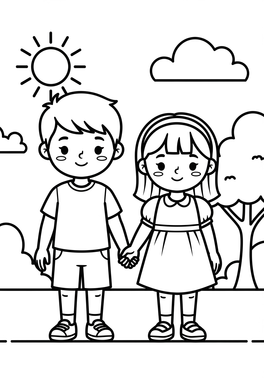 Desenho de Menino e Menina de mãos dadas para colorir
