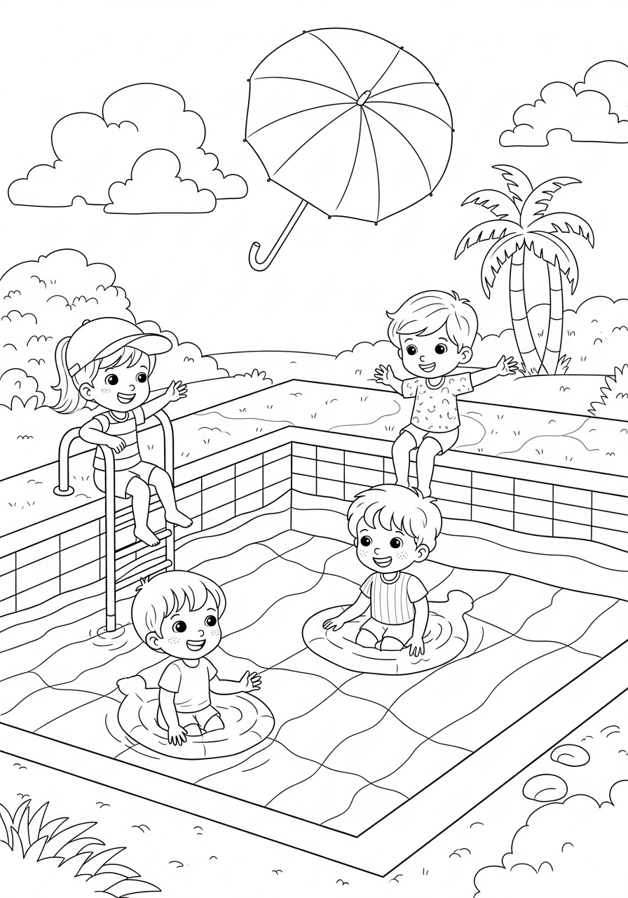 Desenho de Meninos brincando na piscina para colorir