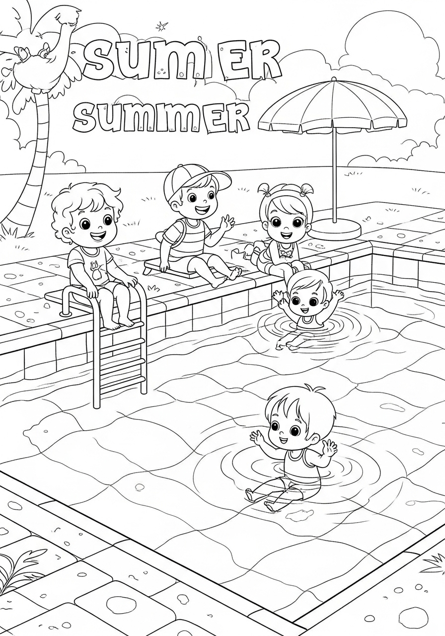 Desenho de Meninos brincando na piscina para colorir
