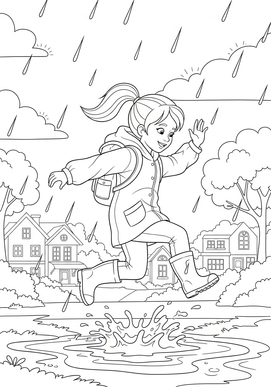 Desenho de Menino pulando em poça de água na chuva colorir