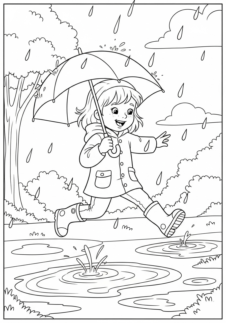 Desenho de Menina pulando em poças de chuva para colorir