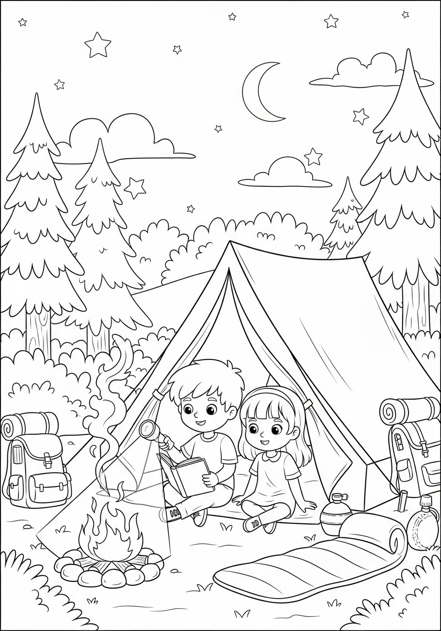 Desenho de Meninos acampando em frente à barraca para colorir