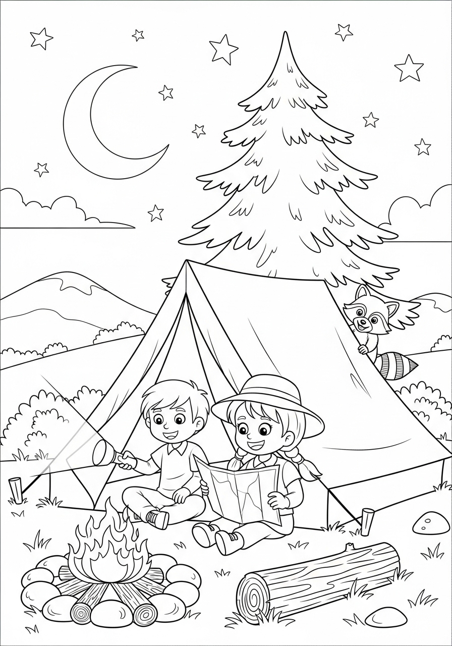 Desenho de Meninos acampando à noite na floresta para colorir