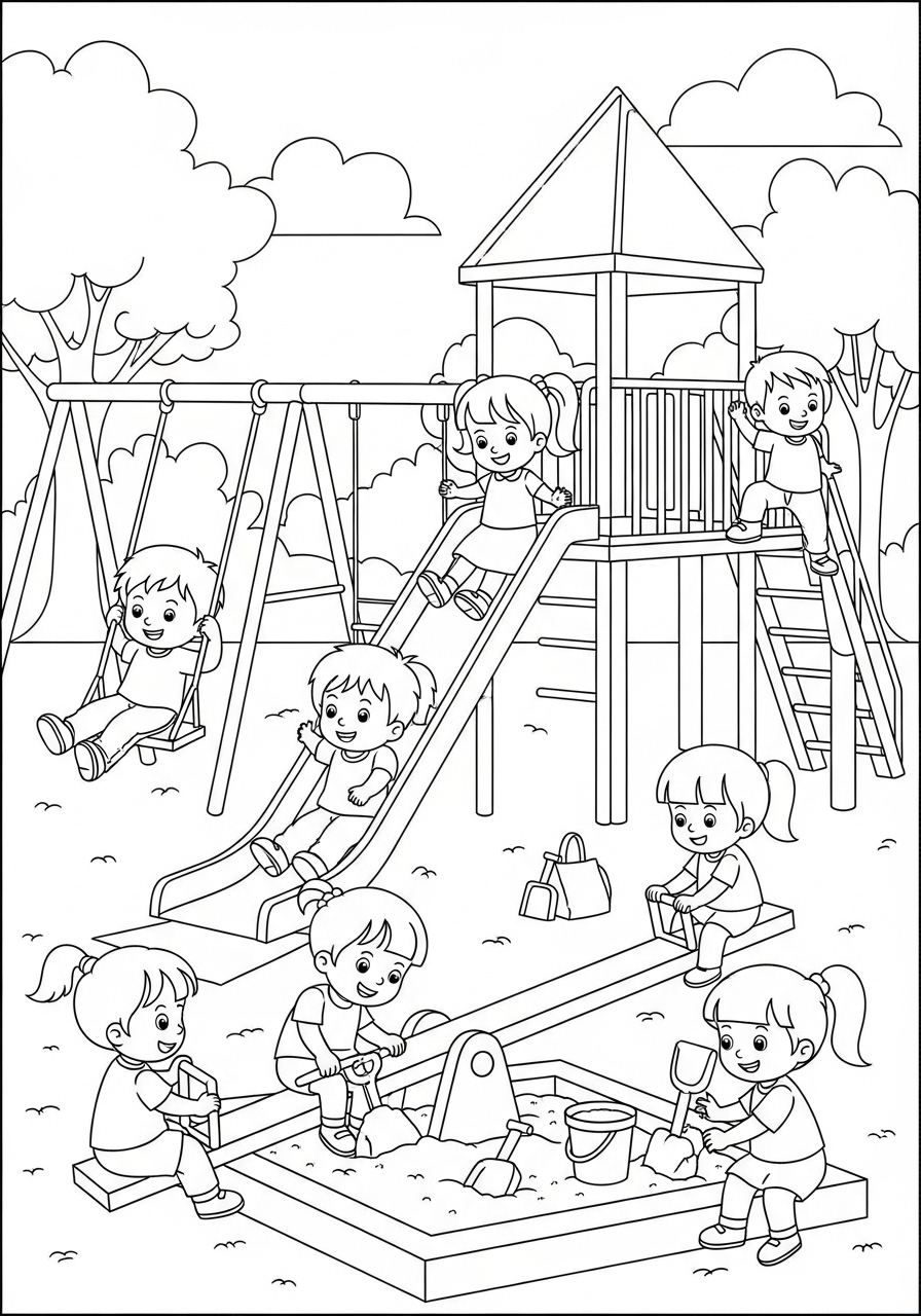 Desenho de Meninos brincando no parquinho para colorir