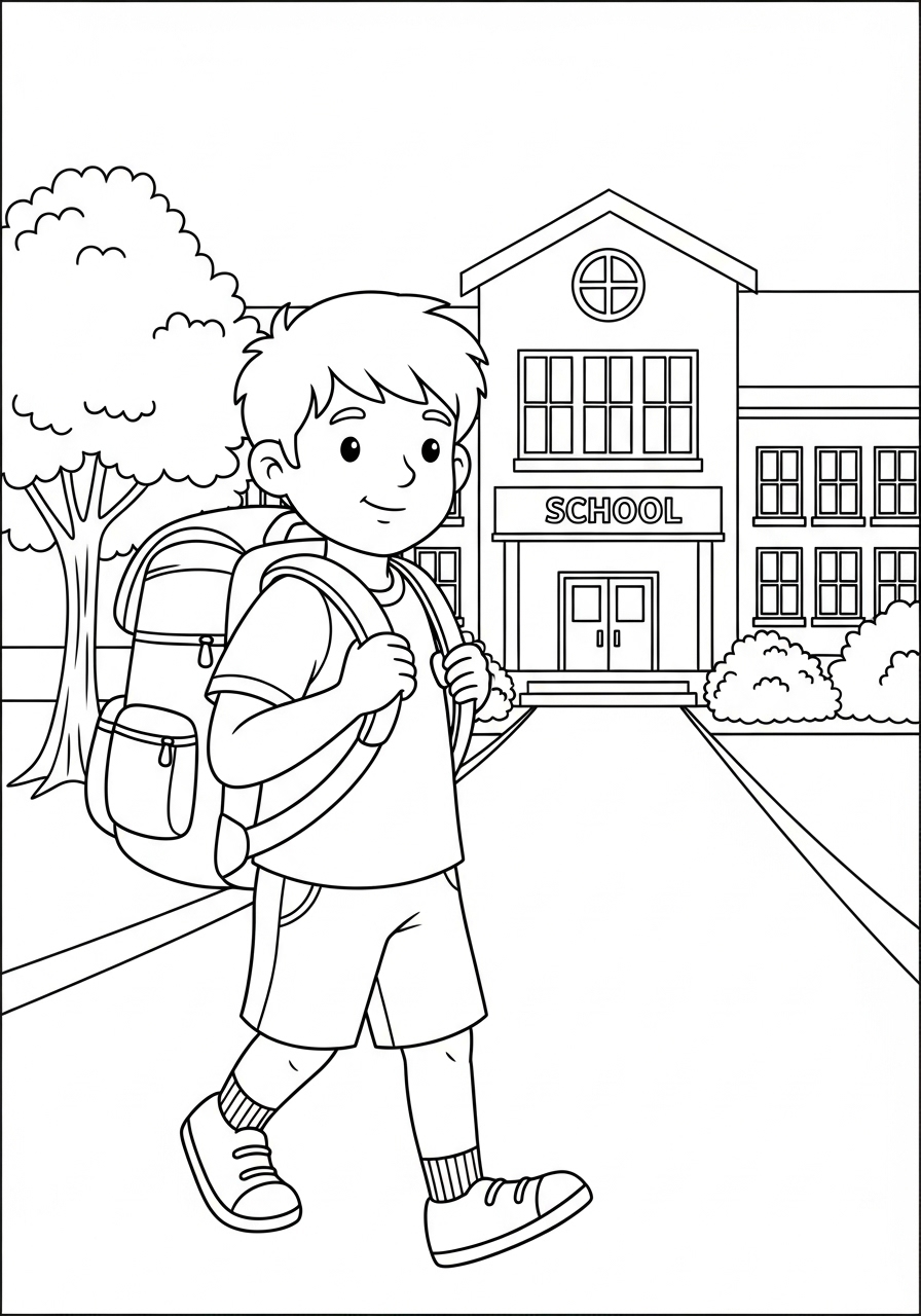 Desenho de Menino com mochila caminhando para escola