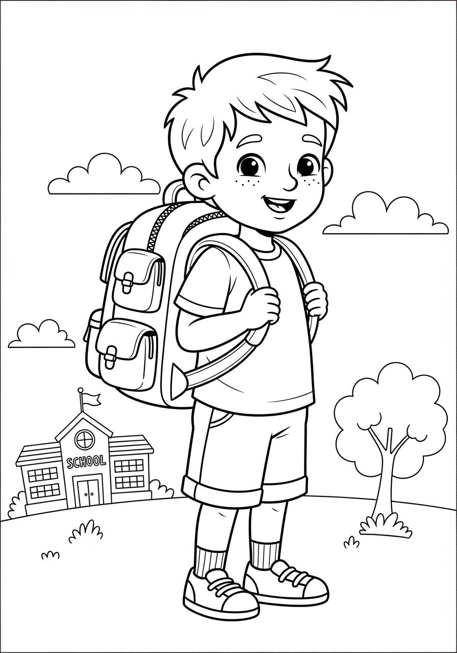 Desenho de Menino com mochila em frente à escola para colorir