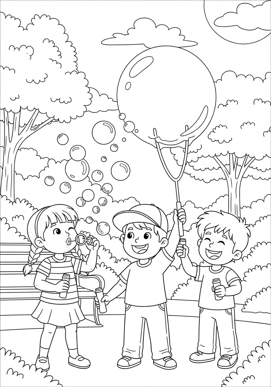 Desenho de Meninos brincando com bolhas no parque para colorir