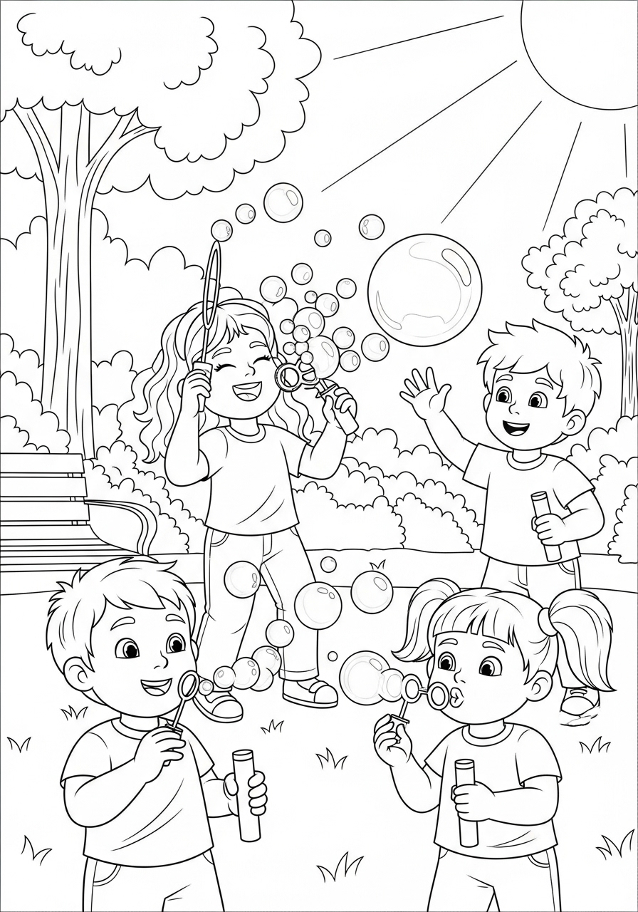 Desenho de meninos brincando com bolhas no parque para colorir