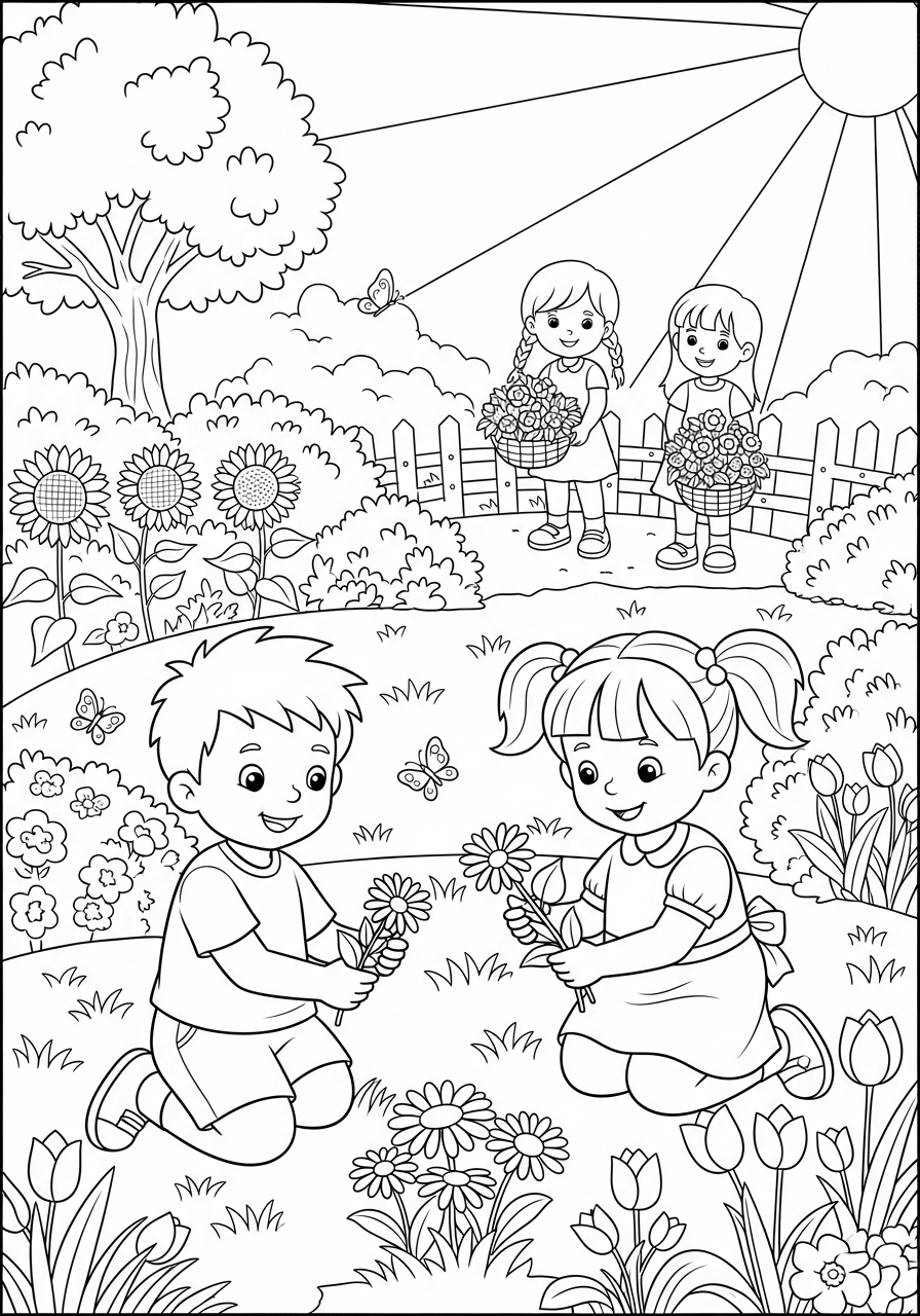 Desenho de Meninos no jardim colhendo flores para colorir