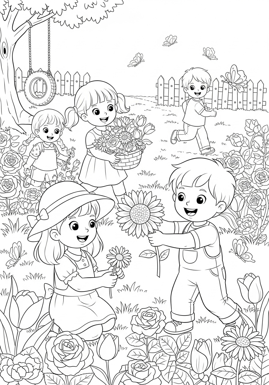 Desenho de Meninos colhendo flores no jardim para colorir
