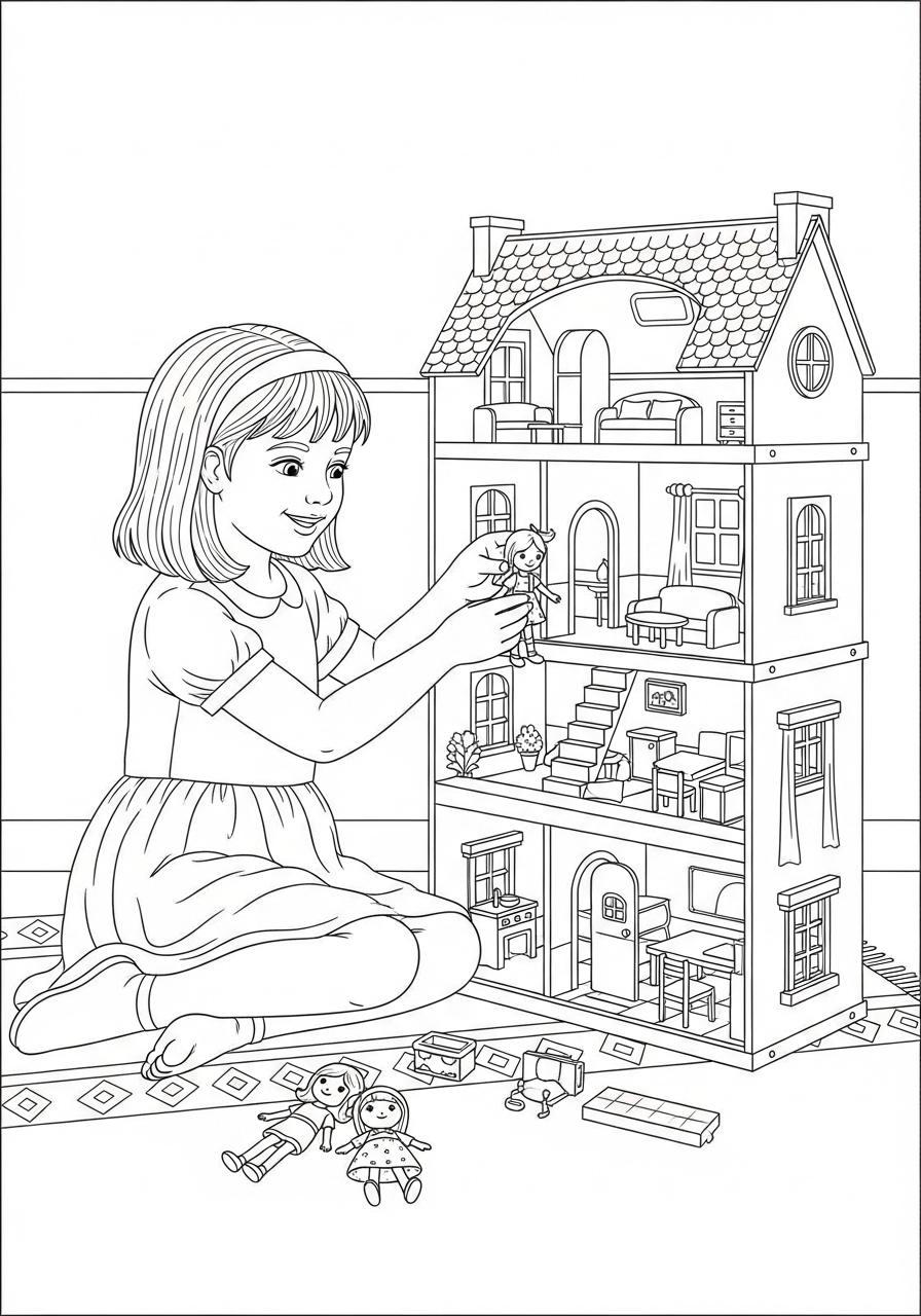 Desenho de Menino brincando com casa de bonecas para colorir