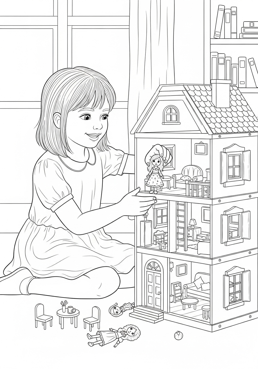 Desenho de Menino brincando com uma casinha de bonecas