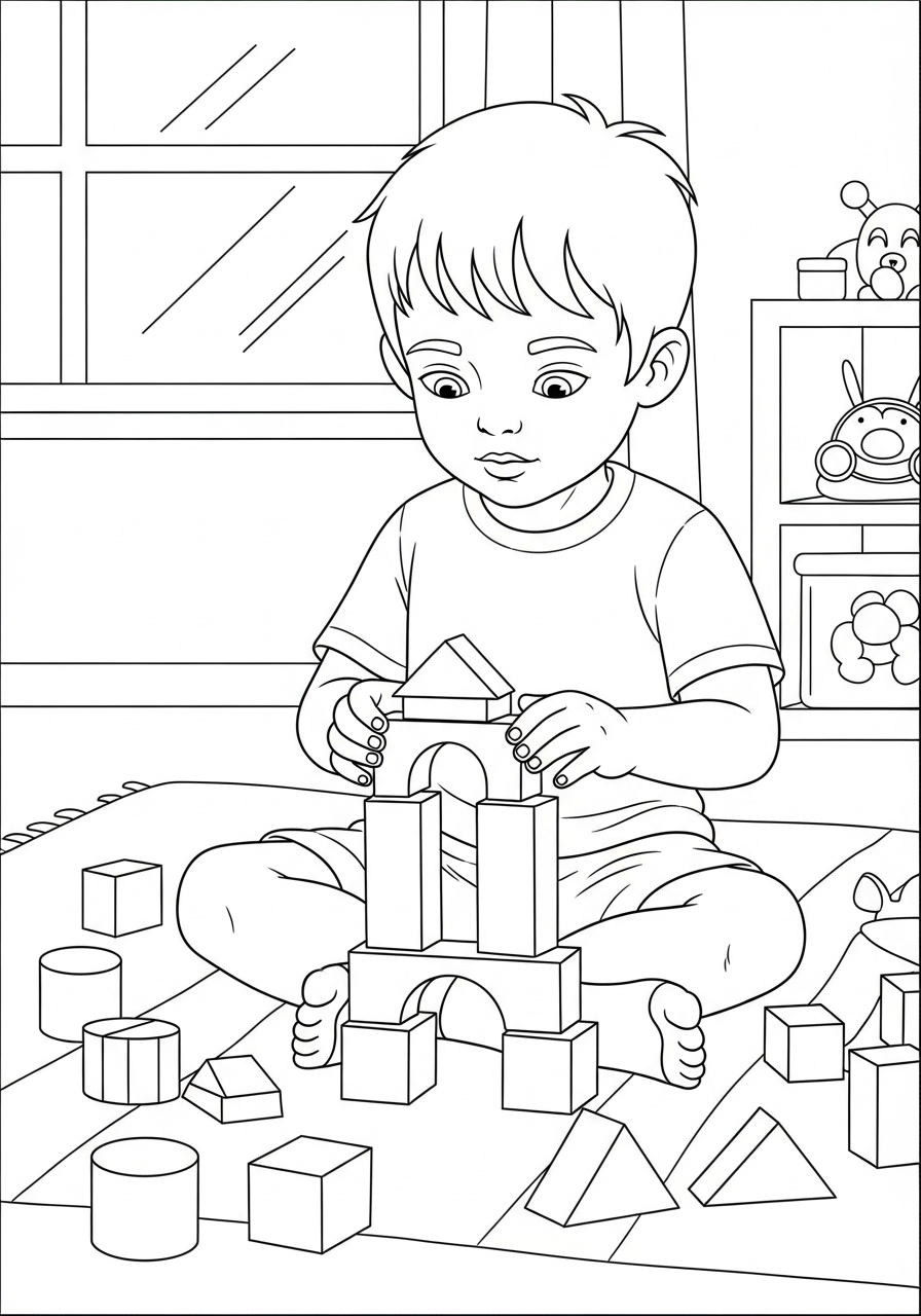 Desenho de Menino brincando com blocos de montar para colorir