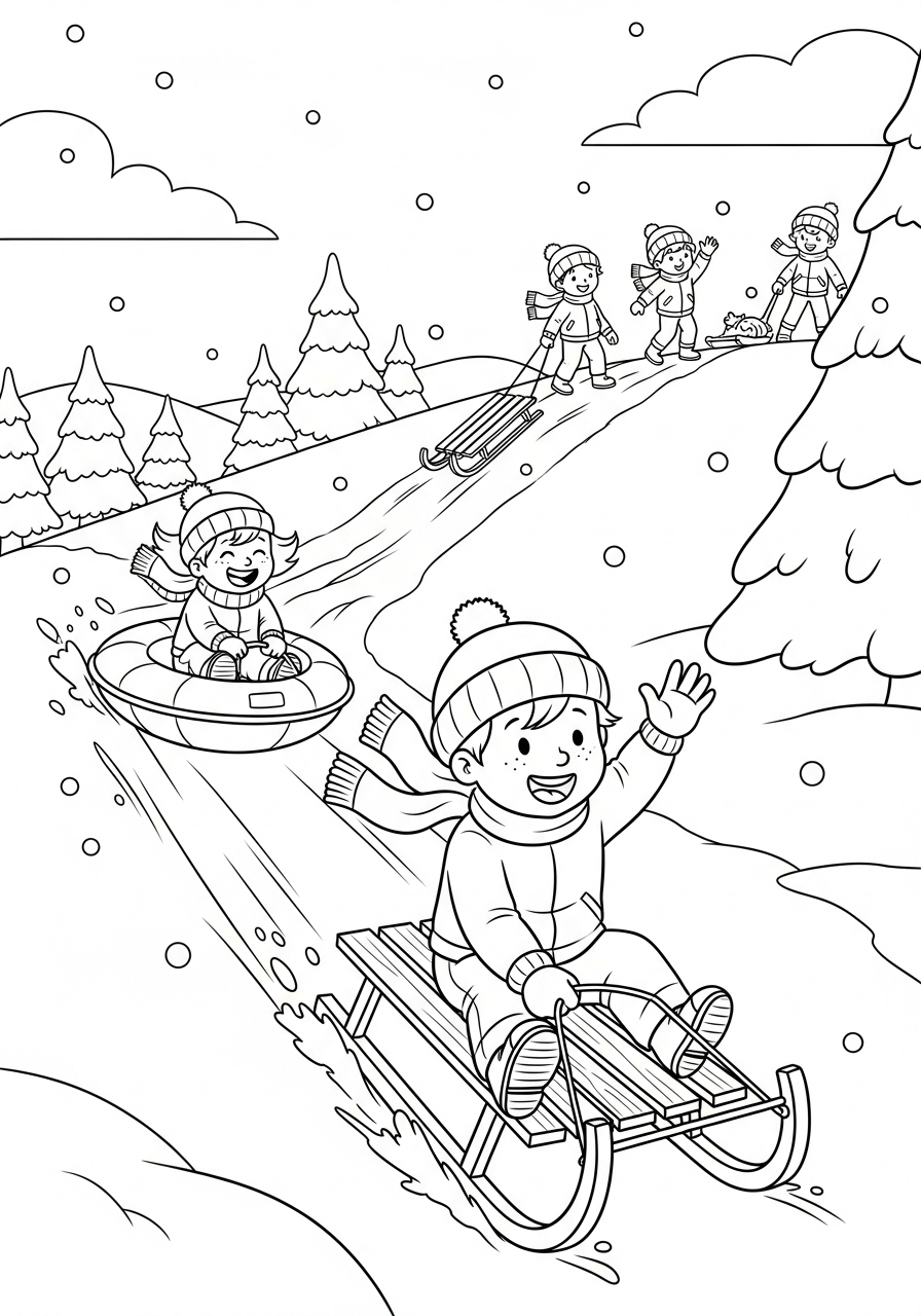 Desenho de Menino descendo ladeira de trenó para colorir