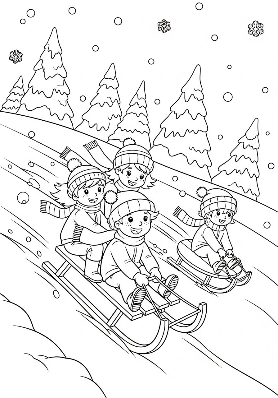 Desenho de Meninos descendo montanha com trenó para colorir