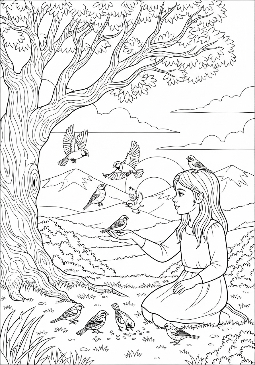 Desenho de Menino sentado com pássaros ao redor para colorir