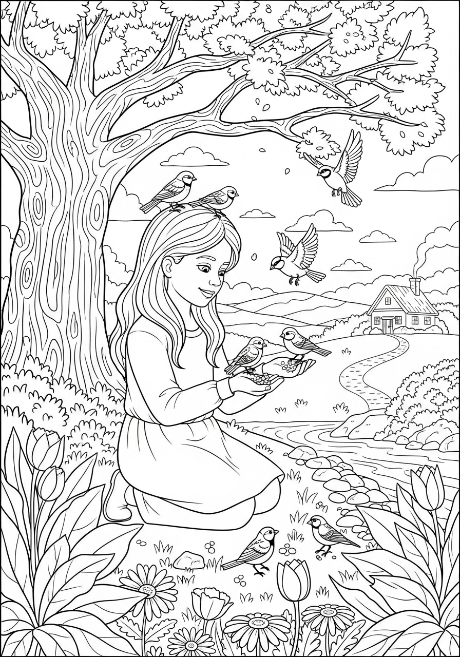 Desenho de Menina alimentando passarinhos no jardim