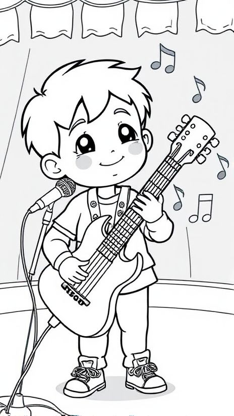 Desenho de Menino tocando guitarra em um palco para colorir