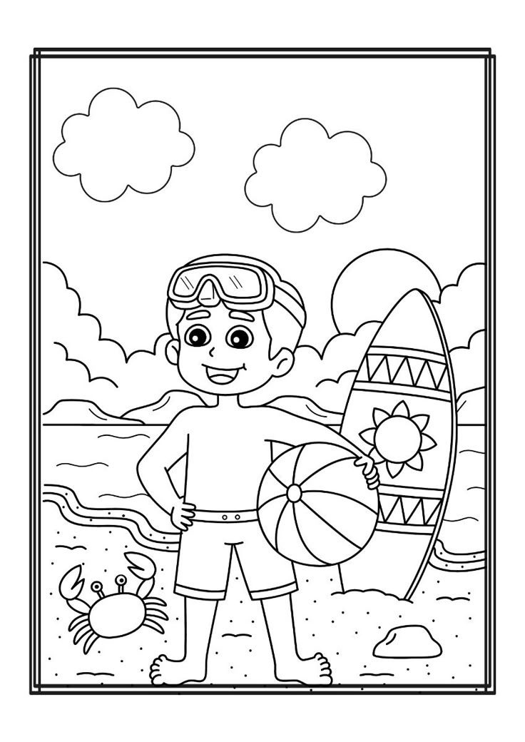Desenho de Menino na praia com prancha de surfe para colorir