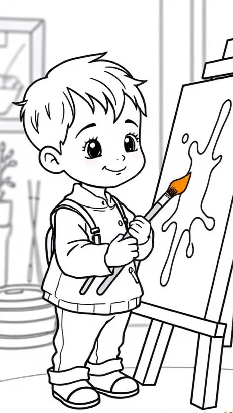 Desenho de Menino pintando em um cavalete para colorir