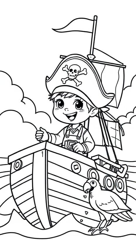 Desenho de Menino pirata em barco com papagaio para colorir