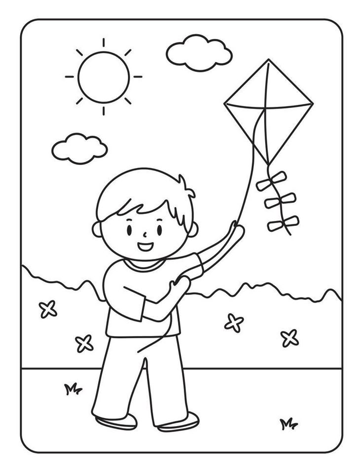 Desenho de Menino empinando pipa no campo para colorir