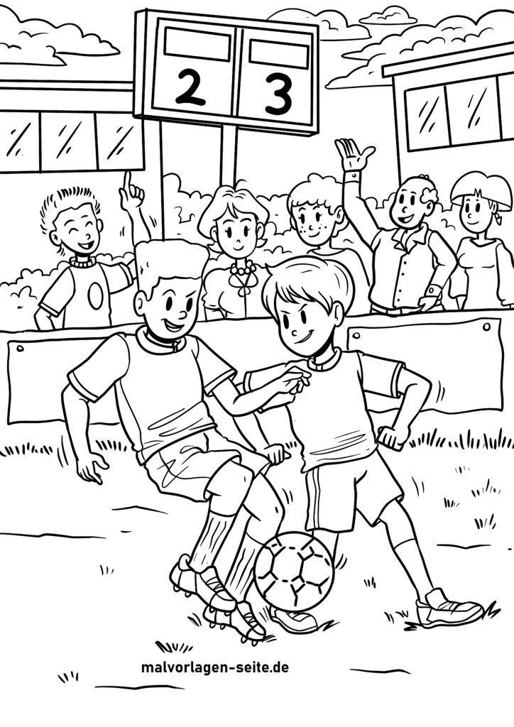 Desenho de Menino jogando futebol com amigo para colorir