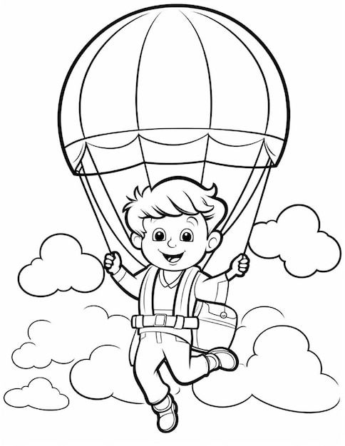 Desenho de Menino com paraquedas voando entre nuvens para colorir