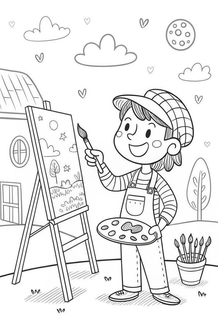 Desenho de Menino pintando na tela ao ar livre para colorir