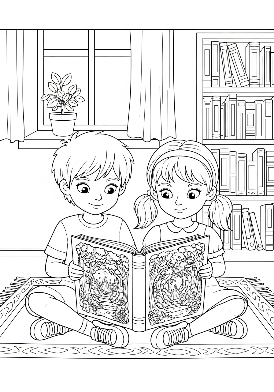 Desenho de Meninos lendo juntos no tapete para colorir