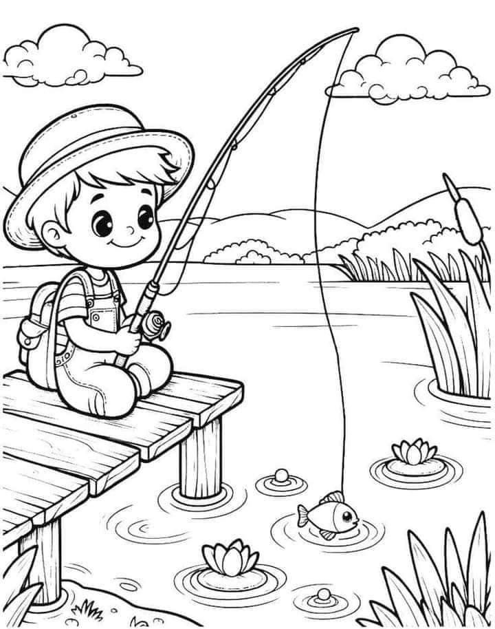Desenho de Menino pescando no lago para colorir