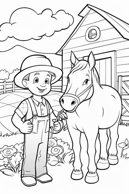 Desenho de Menino fazendeiro com cavalo para colorir
