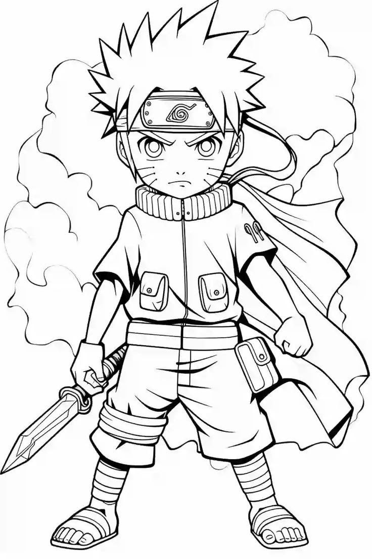 Desenho de Menino ninja com bandana e espada para colorir