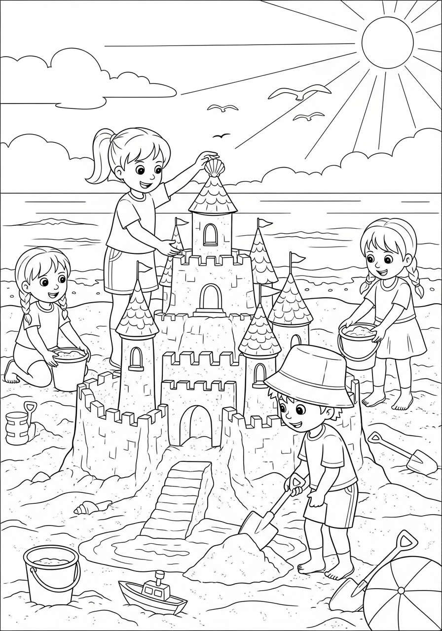Desenho de Meninos construindo castelo de areia na praia