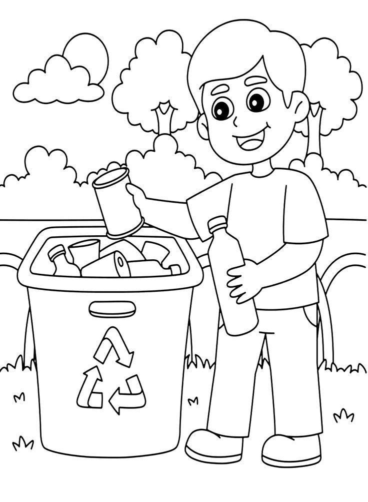 Desenho de Menino reciclado garrafas em parque para colorir