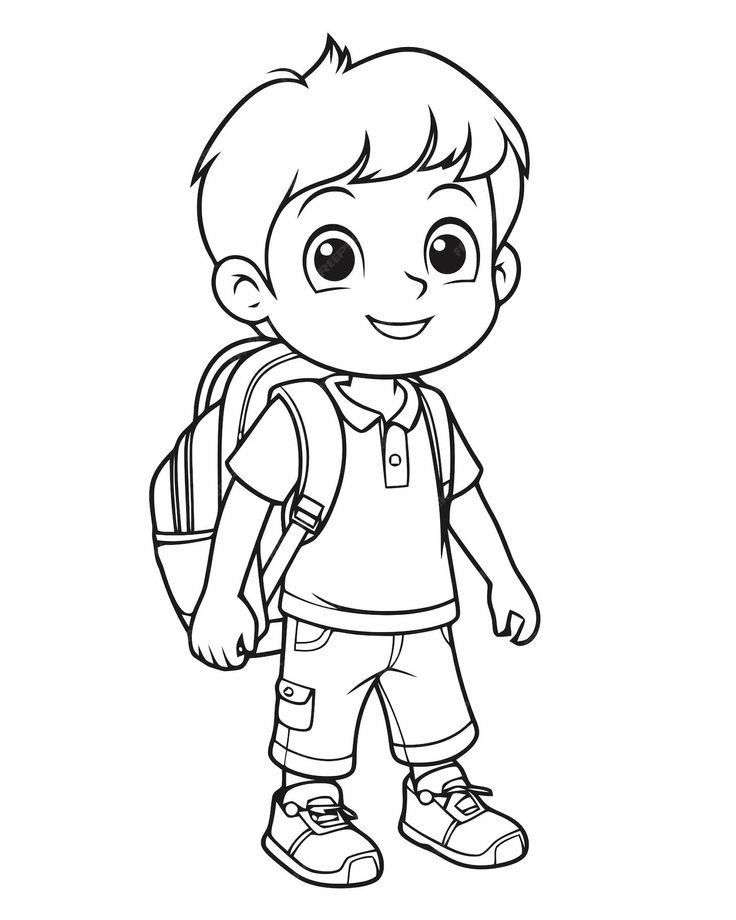 Desenho de Menino com mochila e sorriso para colorir