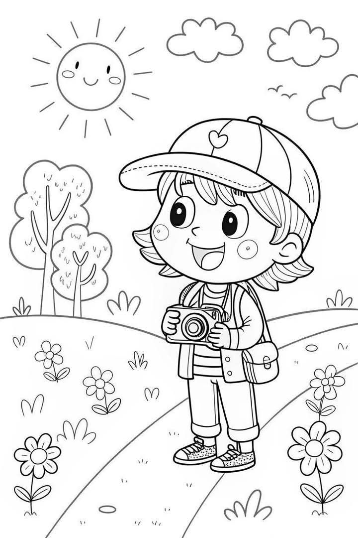 Desenho de Menino com câmera em um parque para colorir