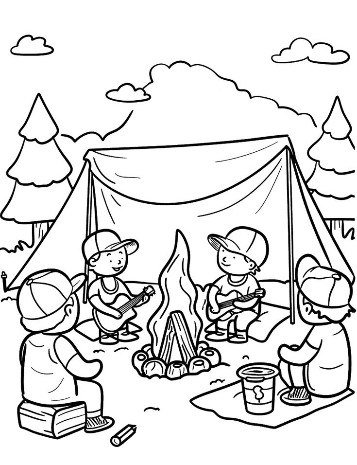 Desenho de Meninos acampando ao redor de uma fogueira