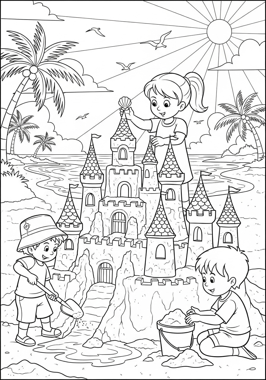 Desenho de Meninos construindo castelo de areia para colorir