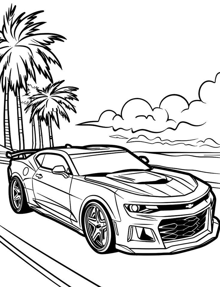 Desenho de carro esportivo na praia para colorir