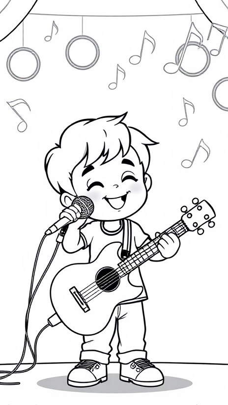 Desenho de Menino cantando e tocando violão para colorir