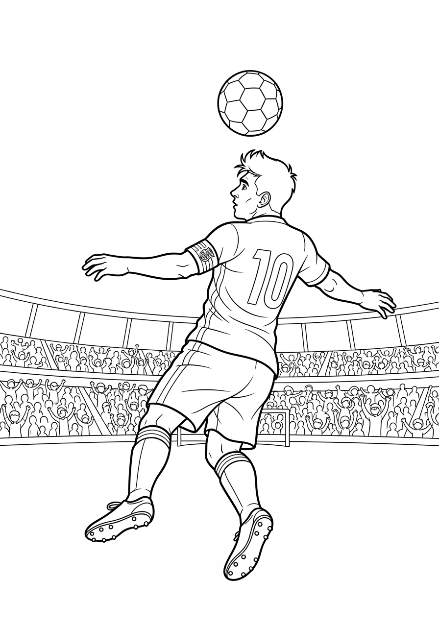 Desenho do Messi cabeceando a bola no estádio para colorir