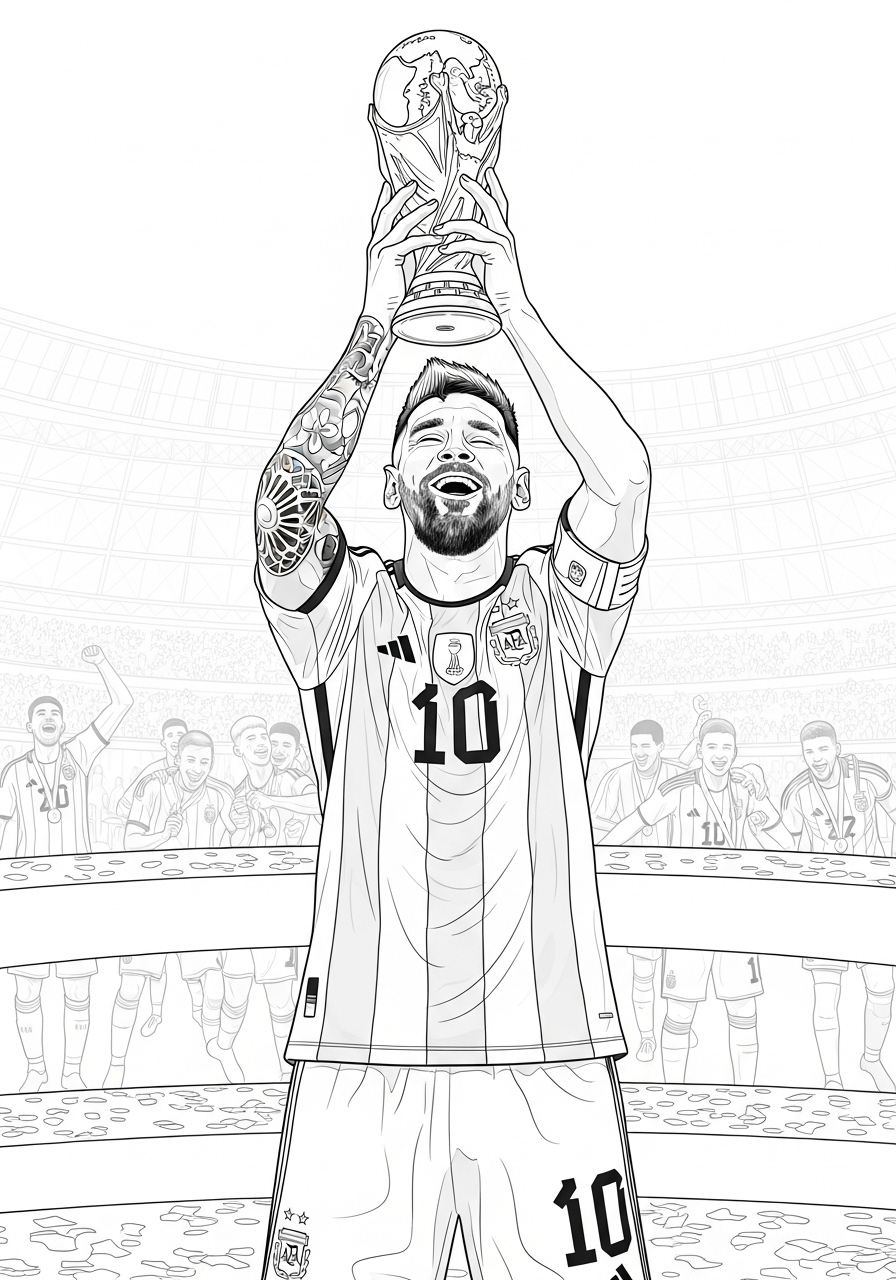 Desenho do Messi erguendo troféu em campo para colorir