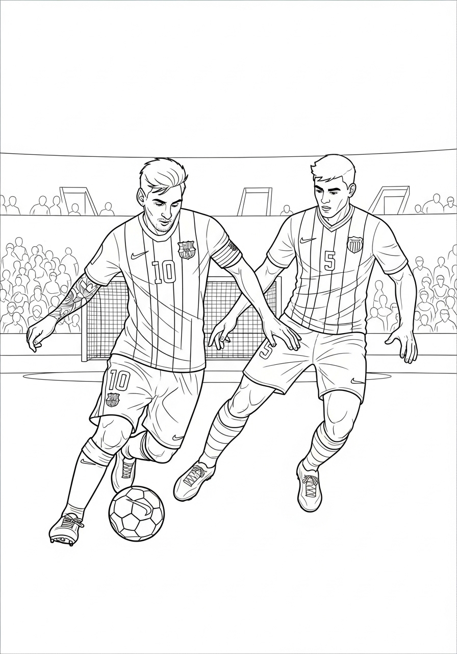 Desenho do Messi driblando adversário em campo aberto