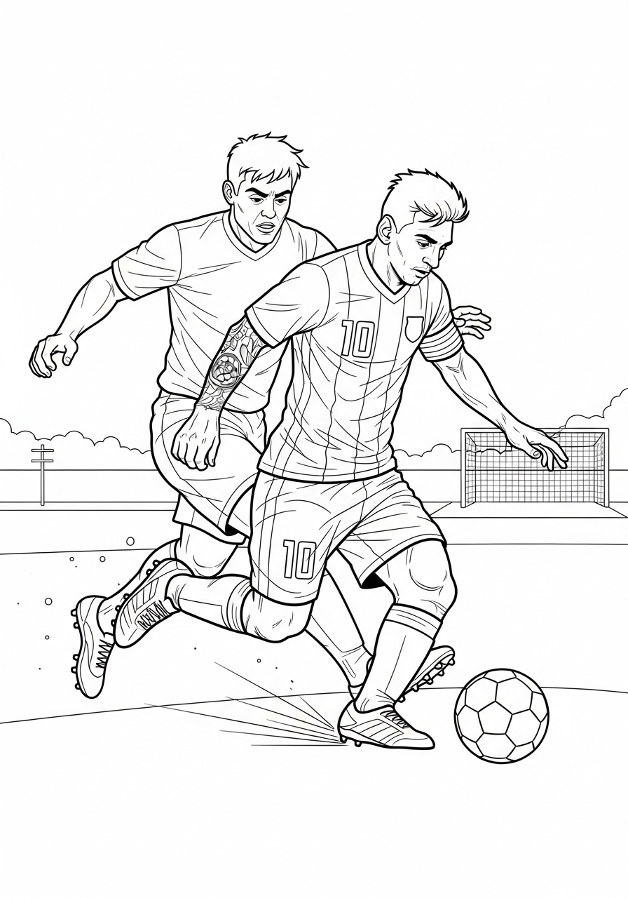 Desenho do Messi driblando adversário em campo para colorir