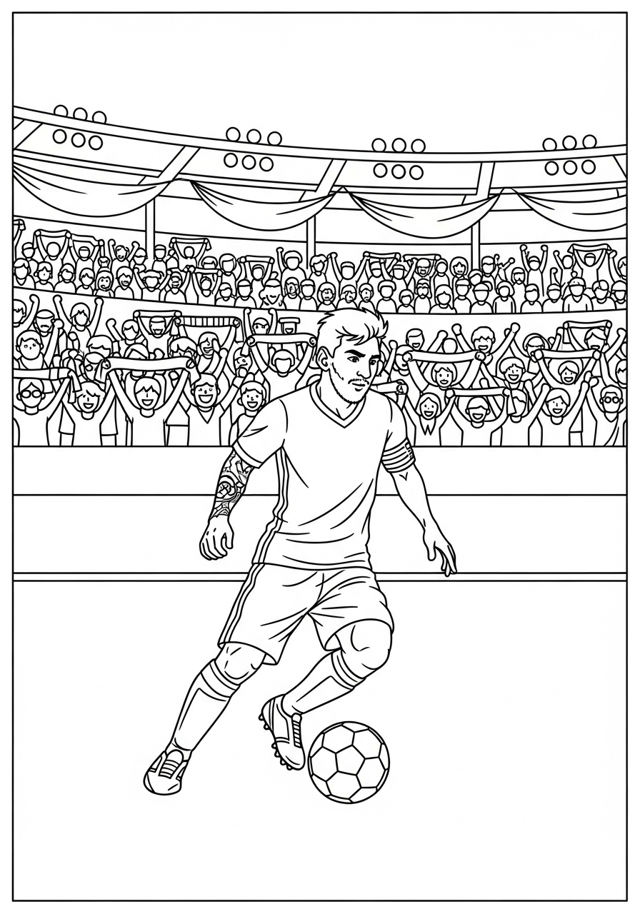 Desenho do Messi driblando em campo para colorir