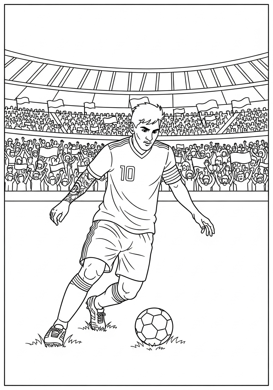 Desenho do Messi jogando futebol no estádio lotado