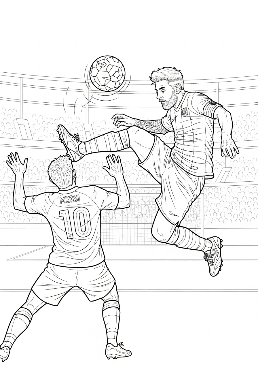 Desenho do Messi chutando a bola no estádio para colorir