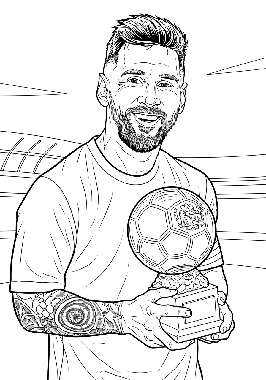 Desenho do Messi com troféu de futebol para colorir